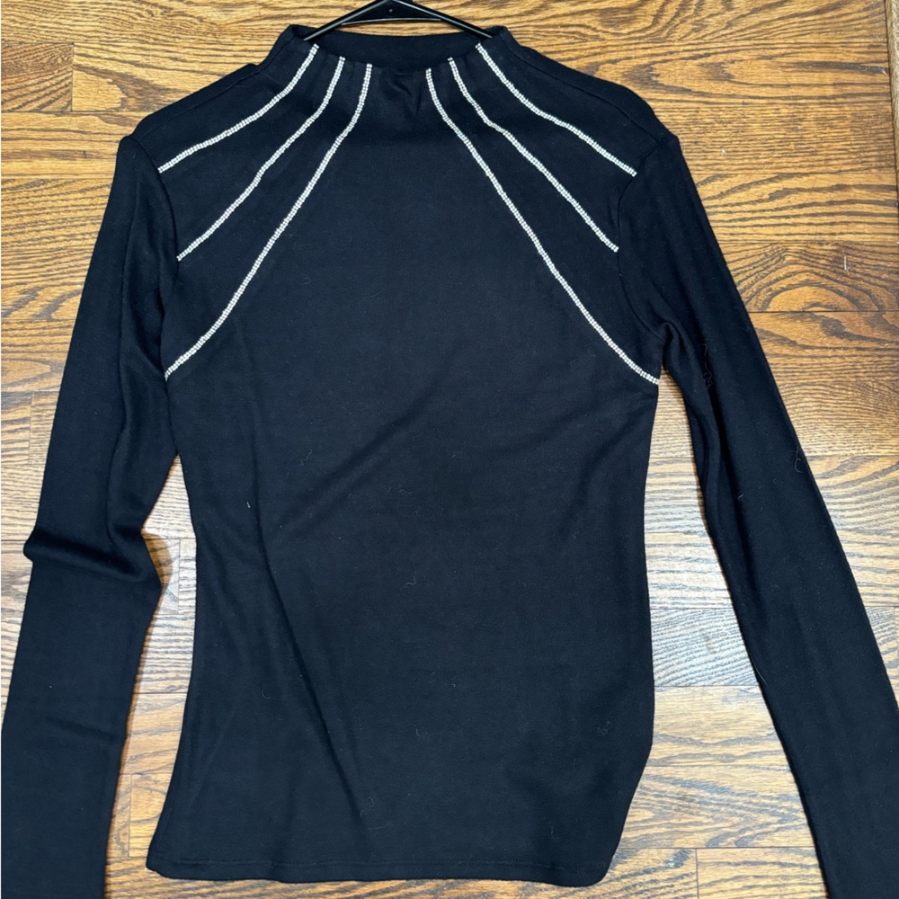 Black Long Sleeve Top with rhinestone stripes